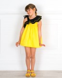 Girls Yellow Polka Dot Dress & Black Asimmetric Ruffle with Tulle & Yellow Leather Amelia Sandals Outfit 