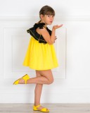 Girls Yellow Polka Dot Dress & Black Asimmetric Ruffle with Tulle & Yellow Leather Amelia Sandals Outfit 