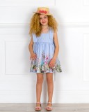 Girls Blue Striped & Floral Print Dress & Pale Pink Leather Sandals & Straw Hat Outfit 