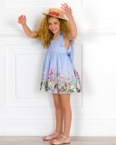 Girls Blue Striped & Floral Print Dress & Pale Pink Leather Sandals & Straw Hat Outfit 