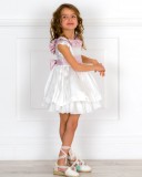 Girls Off -White & Pink Brocade Dress with Sash & Girls Ivory Espadrille Sandals Outfit 