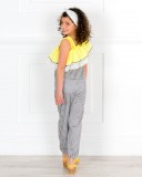 Girls Black & White Checked Off The Shoulder Jumpsuit & Polka Dot Print Hariband & Pale Yellow Wooden Clogs Sandals Outfit 