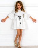 Girls Ivory Broderie Dress With Black Belt & Girls Golden Leather & Wooden Clogs Sandals Outfit 