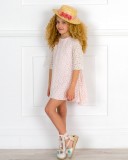 Girls Pale Pink & Ivory Pink Tulle Embroidered Dress Outfit & Beige Straw Hat & Ivory Espadrille Sandals 