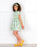 Girls Tropical Print Dress Shirt Outfit & Hariband & Pale Yellow Wooden Clogs Sandals