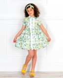 Girls Tropical Print Dress Shirt Outfit & Hariband & Pale Yellow Wooden Clogs Sandals