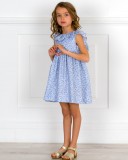 Girls Blue Liberty Print Dress & Ruffle Collar & Golden Wooden Clogs Sandals Outfit 