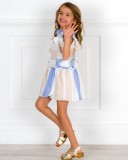 Girls Blue & Ivory Striped Dress with Ruffle & Golden Wooden Clogs Sandals Outfit 