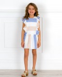 Girls Blue & Ivory Striped Dress with Ruffle & Golden Wooden Clogs Sandals Outfit 