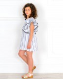 Girls White & Blue Striped Off The Shoulder Shift Dress & Girls Golden Wooden Clogs Sandals Outfit 