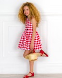 Girls Red & White Checked Dress & Girls Red Leather Sandals & Straw Hat Outfit 