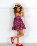 Girls Navy Blue & Red Floral Print Dress & Red Leather Sandals & Straw Hat Outfit