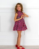 Girls Navy Blue & Red Floral Print Dress & Red Leather Sandals & Straw Hat Outfit