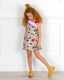 Girls Off The Shoulder Graffiti Printed Dress & Pale Yellow Suede & Wooden Clogs Sandals Outfit 