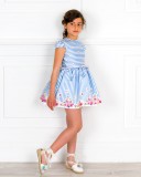 Girls Blue Striped & Floral Print Dress & Girls Ivory Espadrille Sandals with Pink & Blue Flower Outfit 