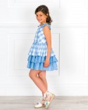 Girls Blue Checked Ruffle Dress Outfit  & Girls Ivory Espadrille Sandals with Pink & Blue Flower Outfit