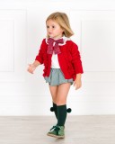 Baby Ivory Blouse & Green Ruffle Shorts Set & Red Knitted Cardigan Outfit