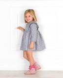 Girls Blue & Pink Liberty Dress with Frill Collar Outfit with Pale Pink Long Socks