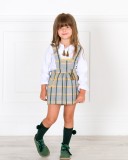Girls White Blouse & Grey Check Dungaree Skirt Outfit Set