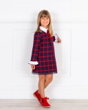 Girls Blue Checked Dress & Red Glitter Boots Outfit