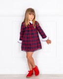 Girls Blue Checked Dress & Red Glitter Boots Outfit