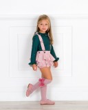 Girls Green Blouse & Pale Pink Ruffle Dungarees Set Outfit 