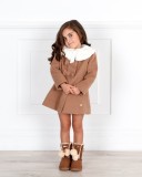 Girls Light Grey Zig-Zag Dress with Beige Coat & Boots Outfit 