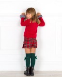 Girls Red Tartan Print 3 Piece Skort Set Outfit & Black Boots