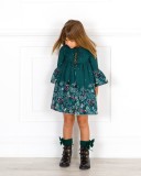 Girls Green Floral Print Dress Outfit & Black Boots