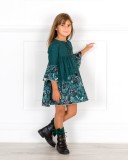 Girls Green Floral Print Dress Outfit & Black Boots