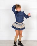 Girls Blue Denim Blouse & Beige Checked Skort Set & Girls Beige Wool Blended Coat Outfit