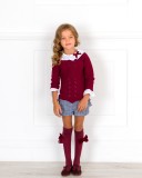 Girls Burgundy Sweater White Blouse & Blue Glen Plaid Shorts Set Outfit