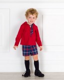Boys Red Hooded Sweatshirt & Blue Checked Shorts Outfit 