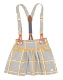 Gray & Mustard Check Print Dungaree Skirt & Ivory Viscose Blouse Set