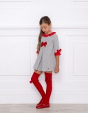 Girls Gray Dress with Red Lace Collar & Velvet Bows