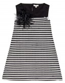 Girls Black & White Striped Dress With Organza Brooch
