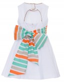 White Broderie Dress with Back Neckline & Striped Bow