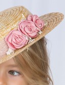 Sombrero Niña Beige con Flores Raso Rosa & Cinta Tul 