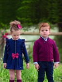 Miranda Vestido Niña Piqué Marino & Cuello Babero Volante Granate