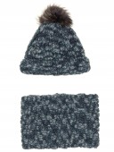 Girls Blue Hat with Removable Pom-Pom & Snood Set 