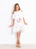 Girls Ivory & Floral Print Off -Shoulder Satin Dress