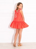 Coral Red & Ivory Polka Dot Dress with Ruffle Collar