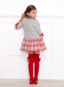 Girls Gray Dress with Red Checked Skirt Outfit