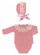 Baby Dusky Pink Knitted Sweater, Knickers & Bonnet Set with Lace Adornment