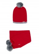 Red Knitted Hat & Scarf Set wit Gray Pom-Poms