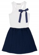 Girls White Jersey Top & Navy Pleated Skirt