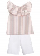 Girls Blush Pink Ruffle Collar Striped Blouse & White Trousers Set 