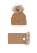 Beige Knitted Hat with Pom-Pom & Scarf Set 