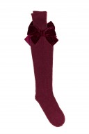 Girls Burgundy Knitted Long Socks with Velvet Bow