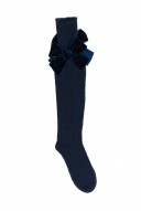 Girls Navy Blue Knitted Long Socks with Velvet Bow